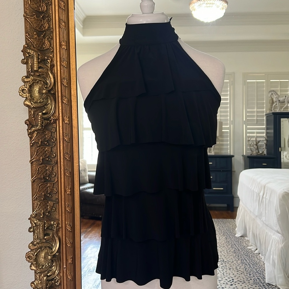 NWT Carole Little Black High Cut in Neck Ruffle Flattering Top Sleeveless Size S